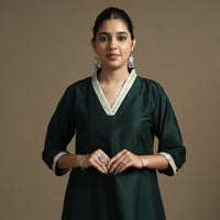 Dark Green - Plain Solid Slub Silk A-Line Kurta with Beadwork Hand Embroidery Lace