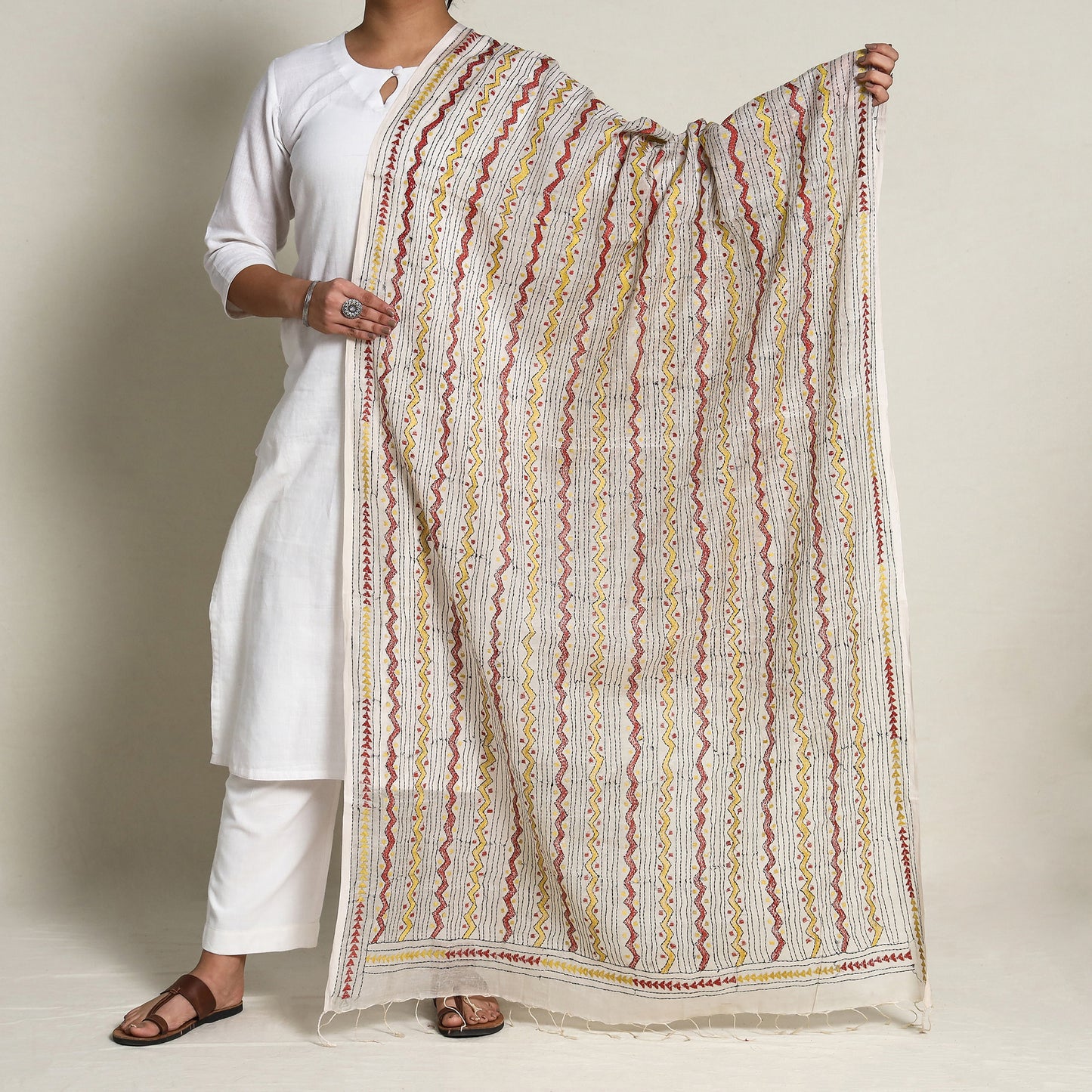 Multicolor - Bengal Kantha Hand Embroidery Silk Cotton Dupatta 10