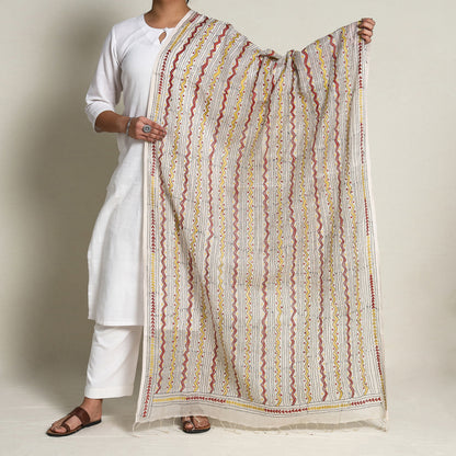 Multicolor - Bengal Kantha Hand Embroidery Silk Cotton Dupatta 10