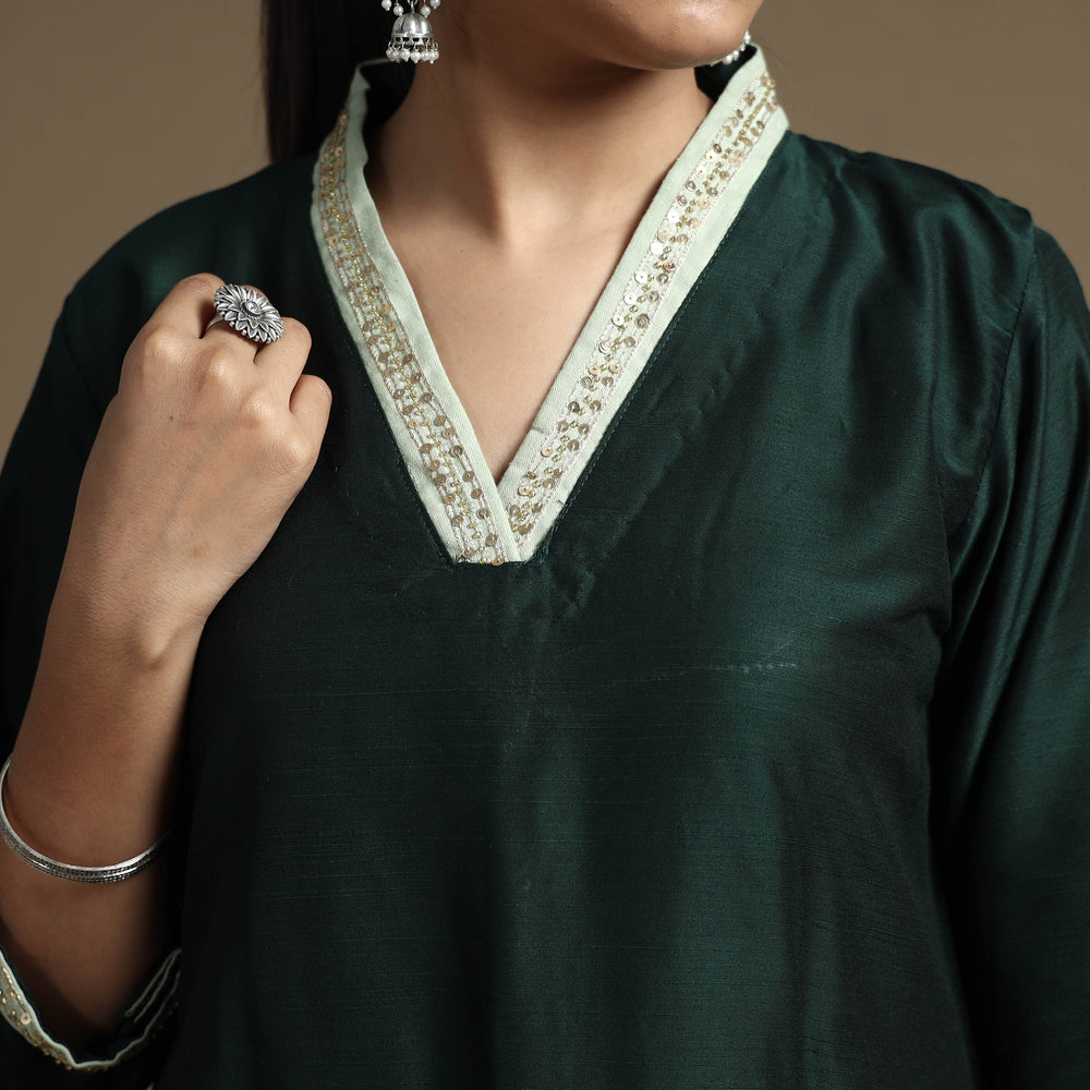 Dark Green - Plain Solid Slub Silk A-Line Kurta with Beadwork Hand Embroidery Lace