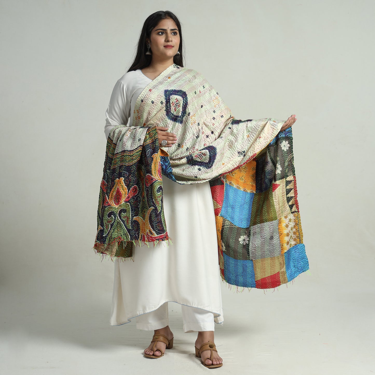 Multicolor - Bengal Kantha Embroidery Patchwork Reversible Silk Dupatta 61