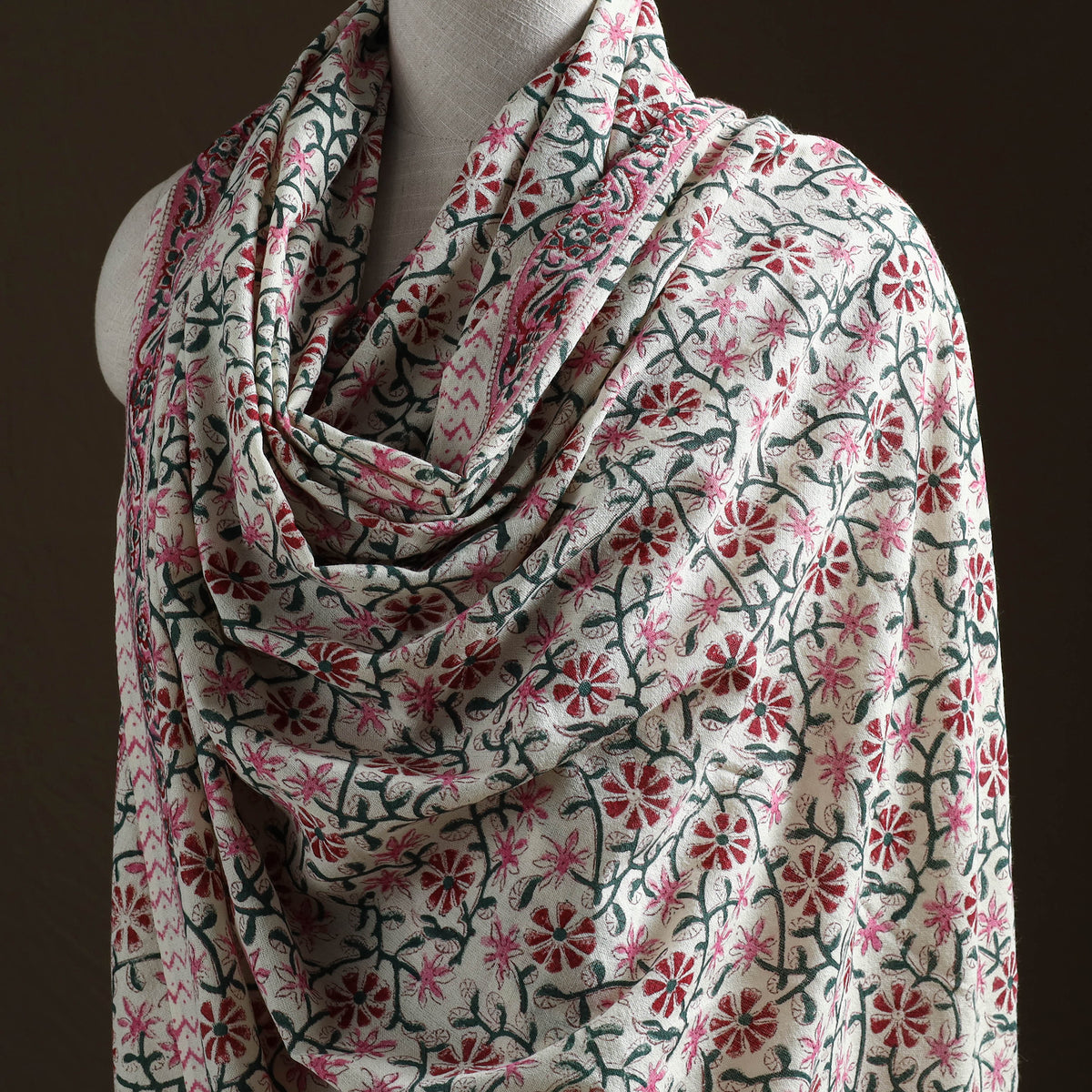 Floral Sanganeri Print Pure Merino Wool Handwoven Shawl 98