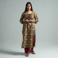 Brown - Pedana Kalamkari Block Printed Cotton Kurta with Palazzo Set