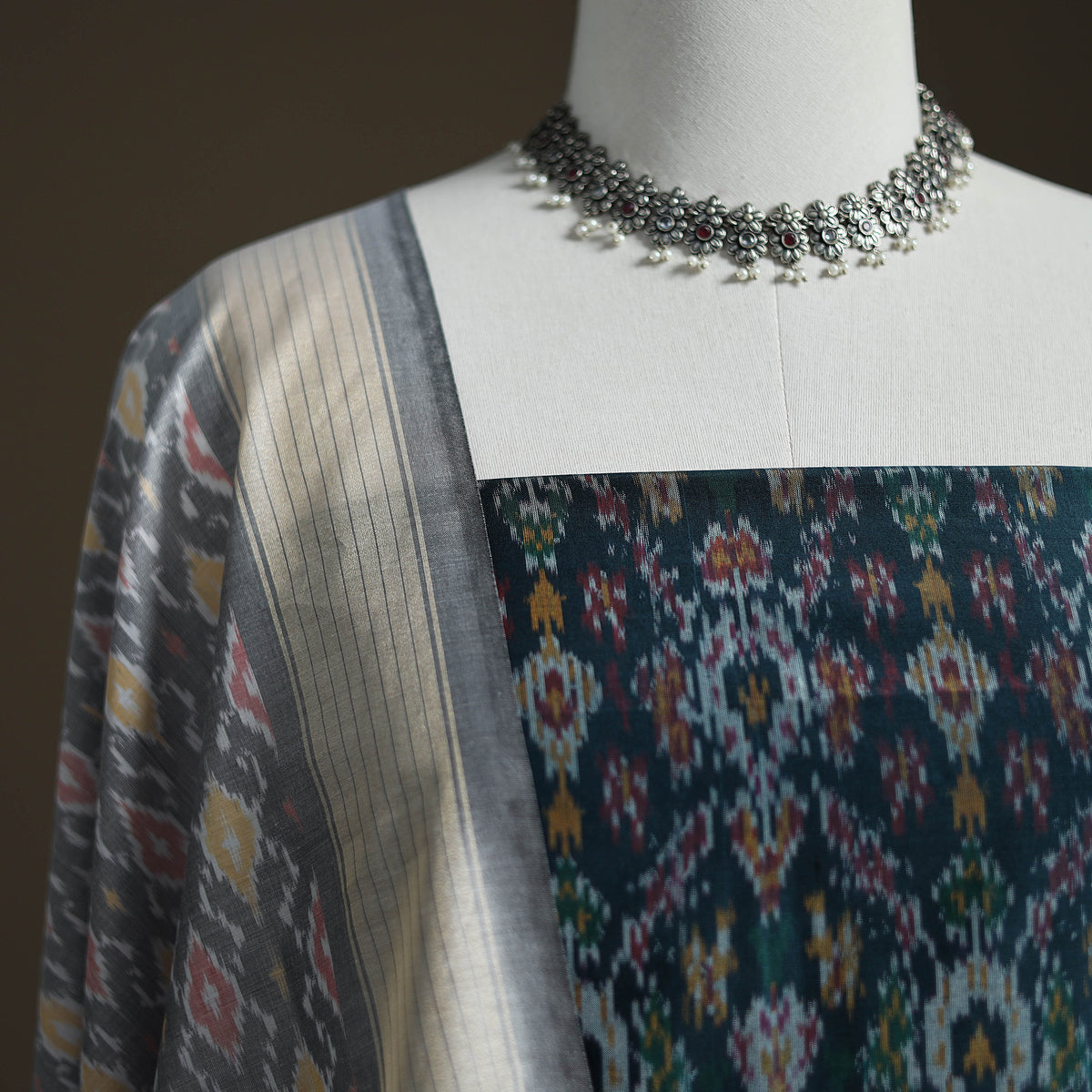 Pochampally Ikat Handloom Sico Unstitched Dress Material: Kurta with Dupatta 09
