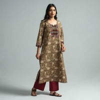 Brown - Pedana Kalamkari Block Printed Cotton Kurta with Palazzo Set