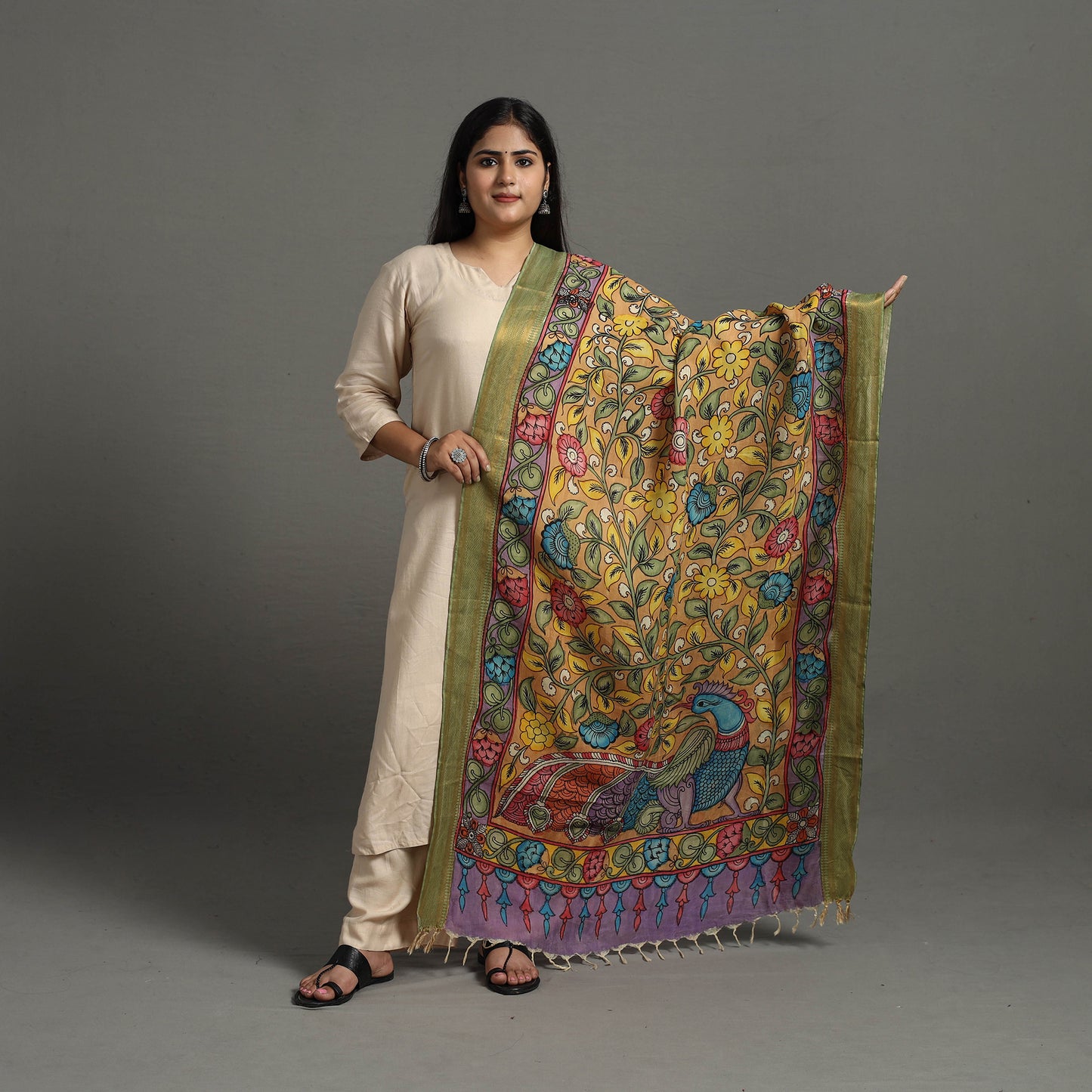 Yellow - Chanderi Silk Srikalahasti Handpainted Pen Kalamkari Dupatta 38