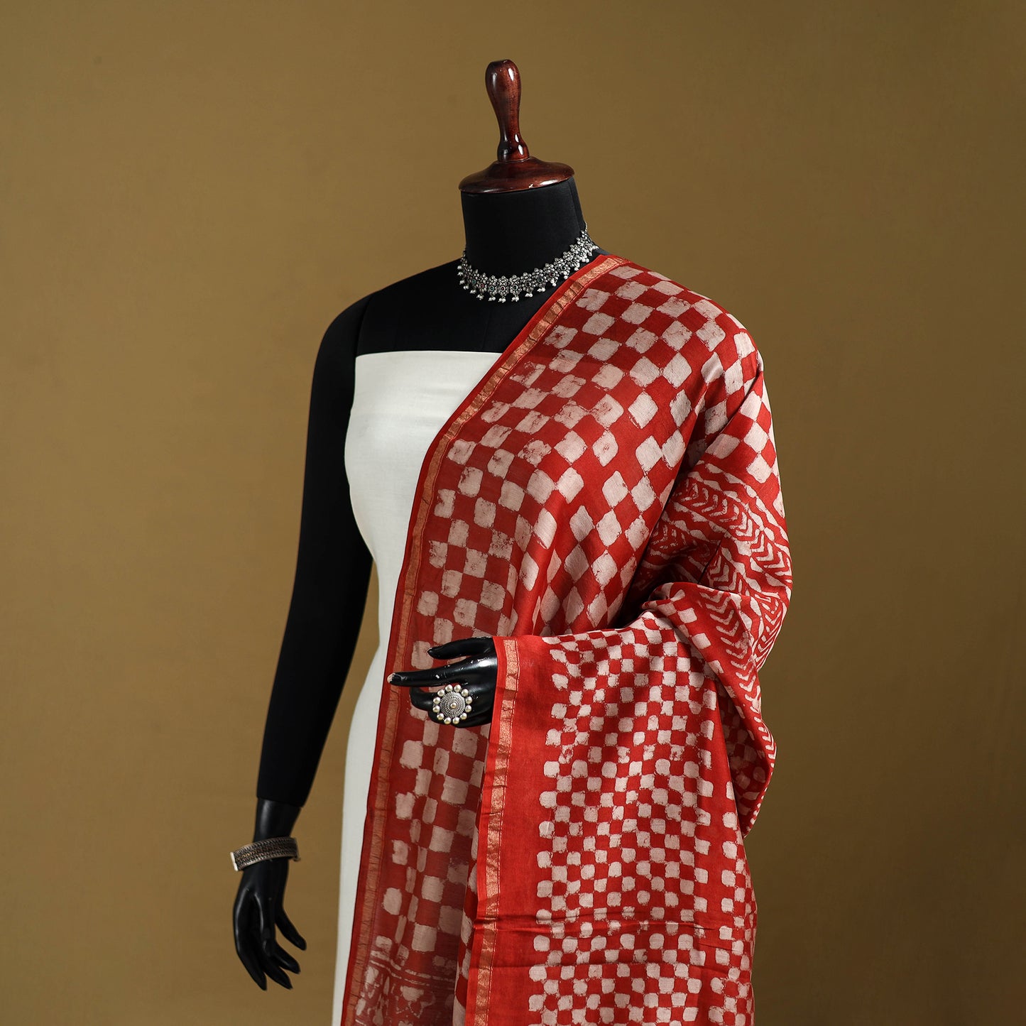 Red - Pipad Hand Block Print Natural Dyed Chanderi Silk Handloom Dupatta 35