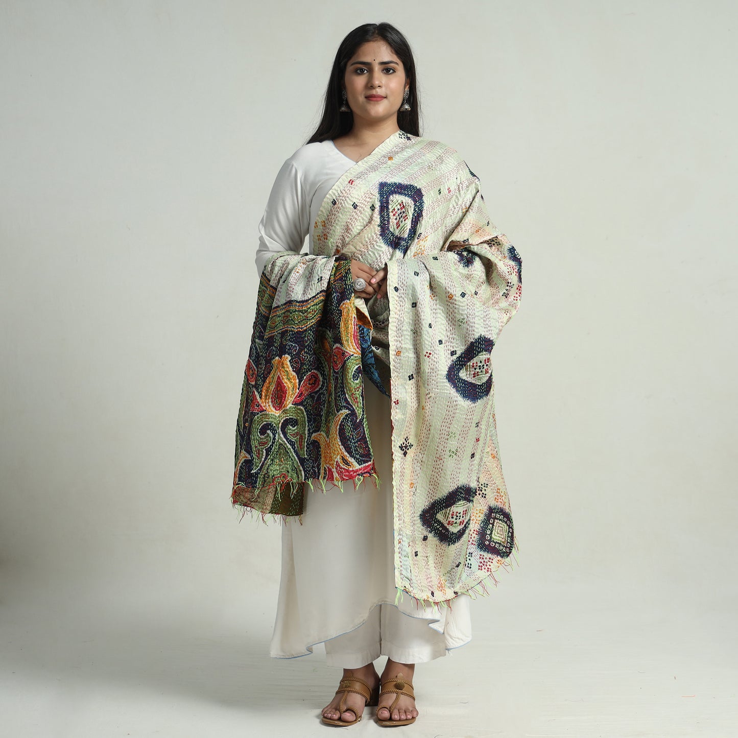 Multicolor - Bengal Kantha Embroidery Patchwork Reversible Silk Dupatta 61