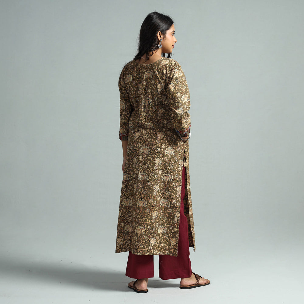 Brown - Pedana Kalamkari Block Printed Cotton Kurta with Palazzo Set