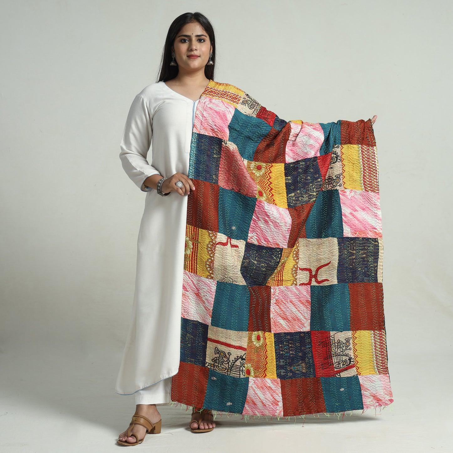 Multicolor - Bengal Kantha Embroidery Patchwork Reversible Silk Dupatta 62