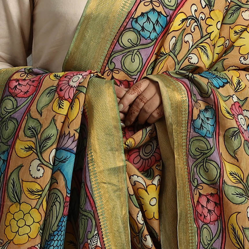 Yellow - Chanderi Silk Srikalahasti Handpainted Pen Kalamkari Dupatta 38