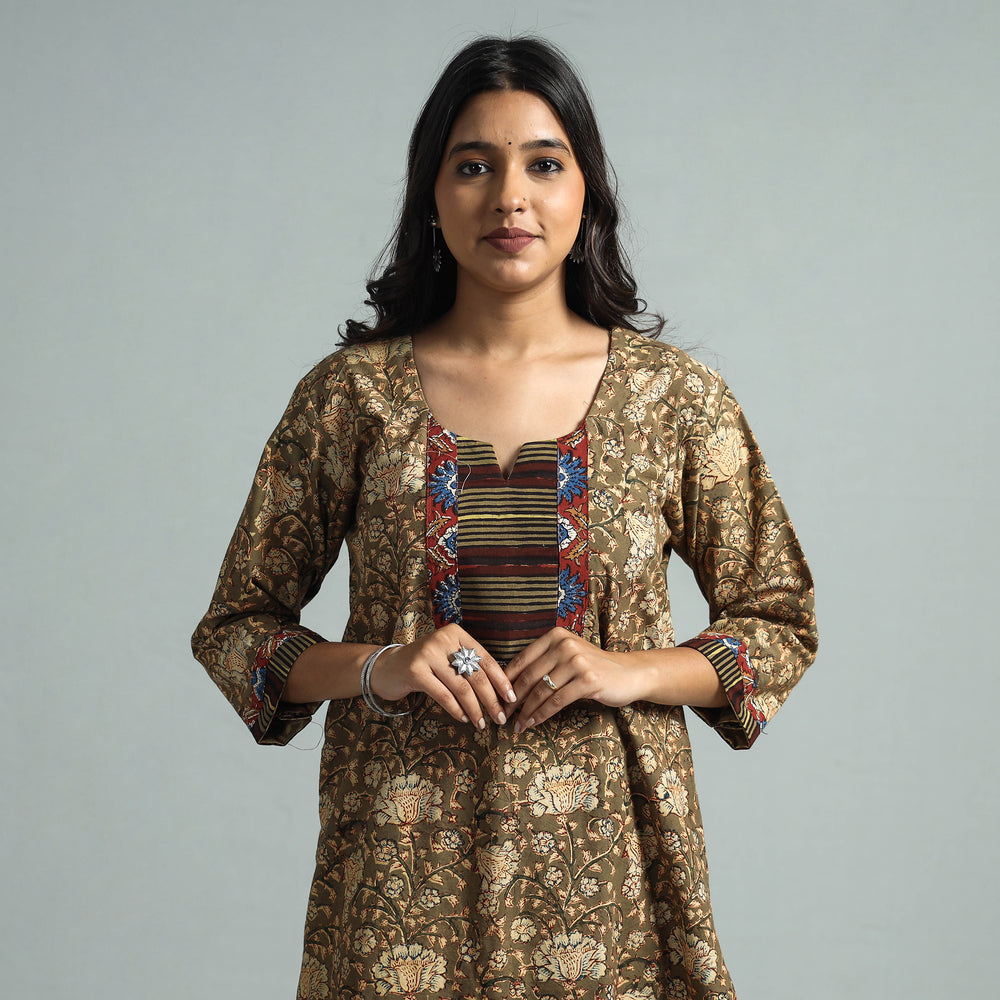 Brown - Pedana Kalamkari Block Printed Cotton Kurta with Palazzo Set