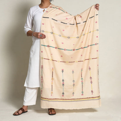 Beige - Bengal Kantha Hand Embroidery Silk Cotton Dupatta 05