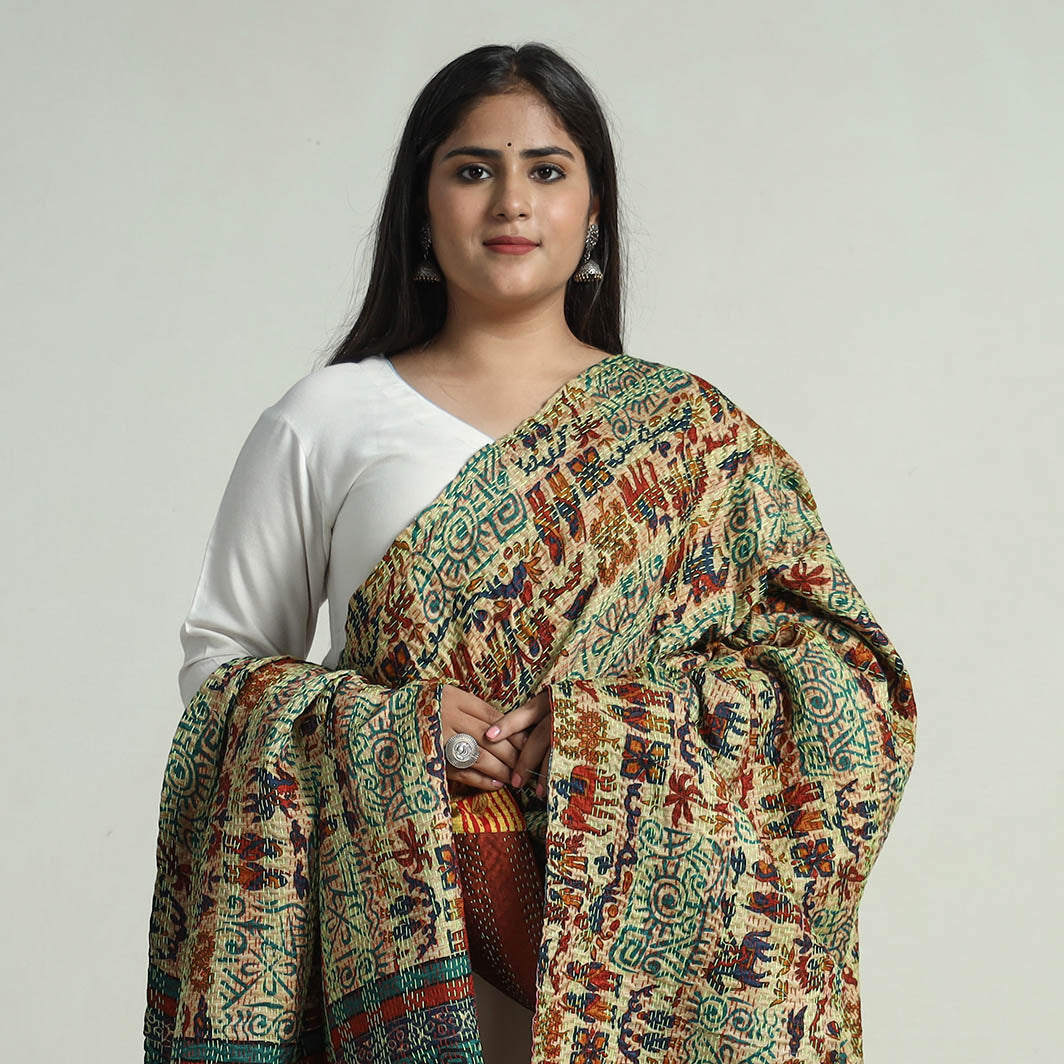 Multicolor - Bengal Kantha Embroidery Patchwork Reversible Silk Dupatta 62
