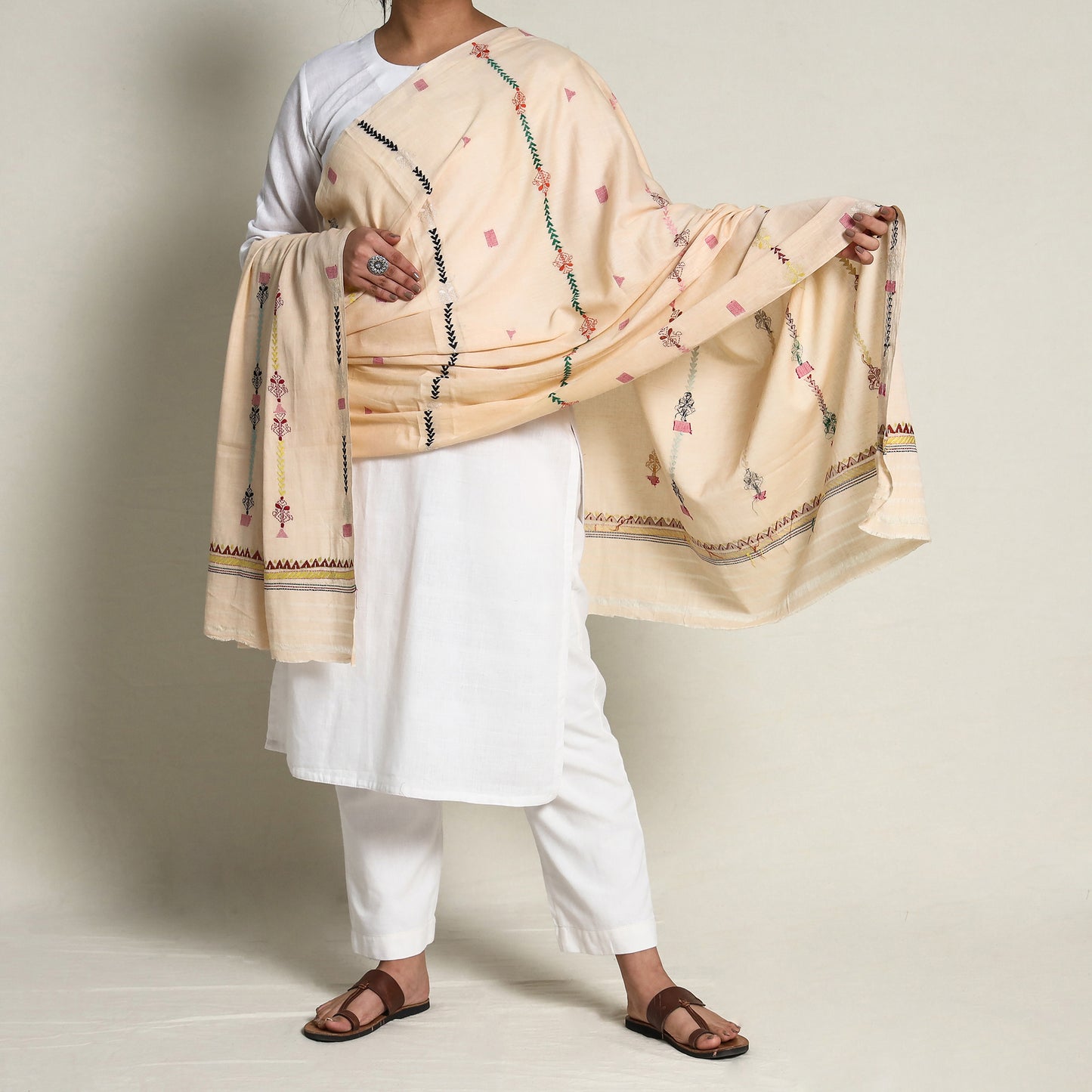 Beige - Bengal Kantha Hand Embroidery Silk Cotton Dupatta 05