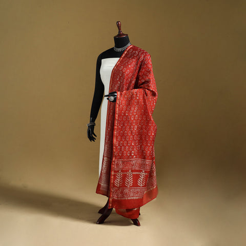 Red - Pipad Hand Block Print Natural Dyed Chanderi Silk Handloom Dupatta 36