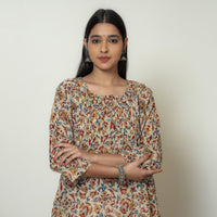 Beige - Kalamkari Hand Block Printed Mul Cotton Pintuck A-Line Kurta 01