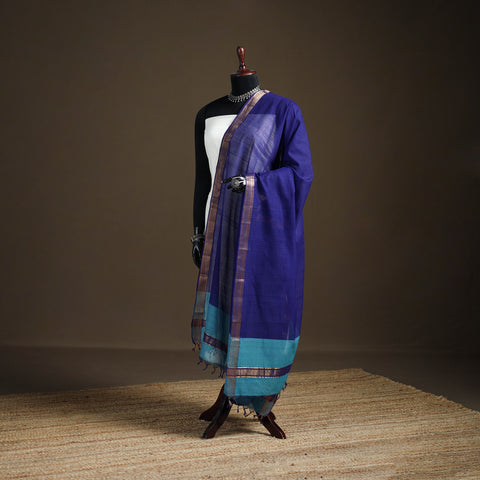 Blue - Pure Handloom Cotton Nizam Zari Border Mangalagiri Dupatta 40