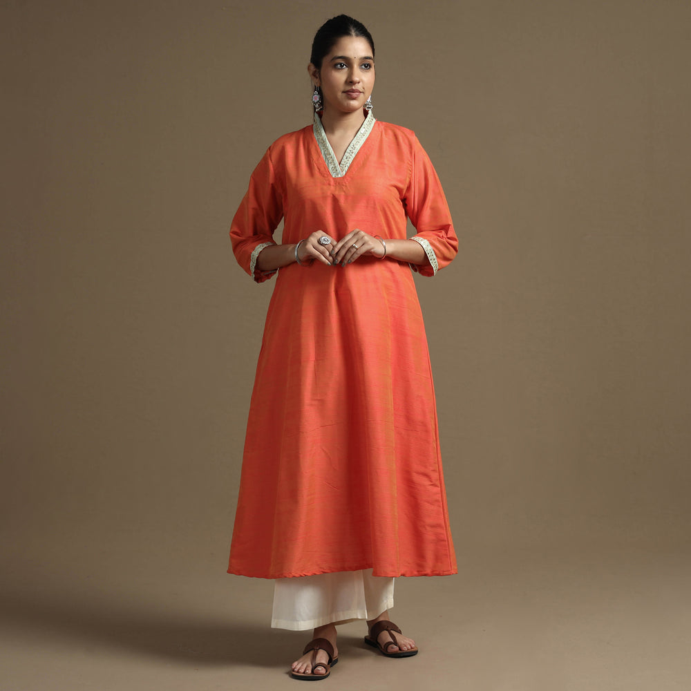 Orange - Plain Solid Slub Silk  A-Line Kurta with Beadwork Hand Embroidery Lace