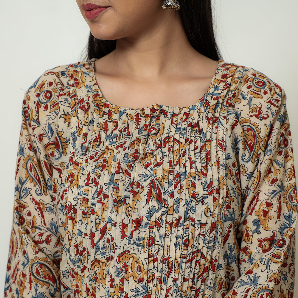 Beige - Kalamkari Hand Block Printed Mul Cotton Pintuck A-Line Kurta 01