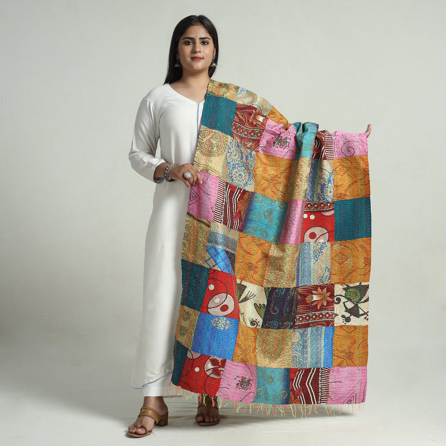 Multicolor - Bengal Kantha Embroidery Patchwork Reversible Silk Dupatta 63