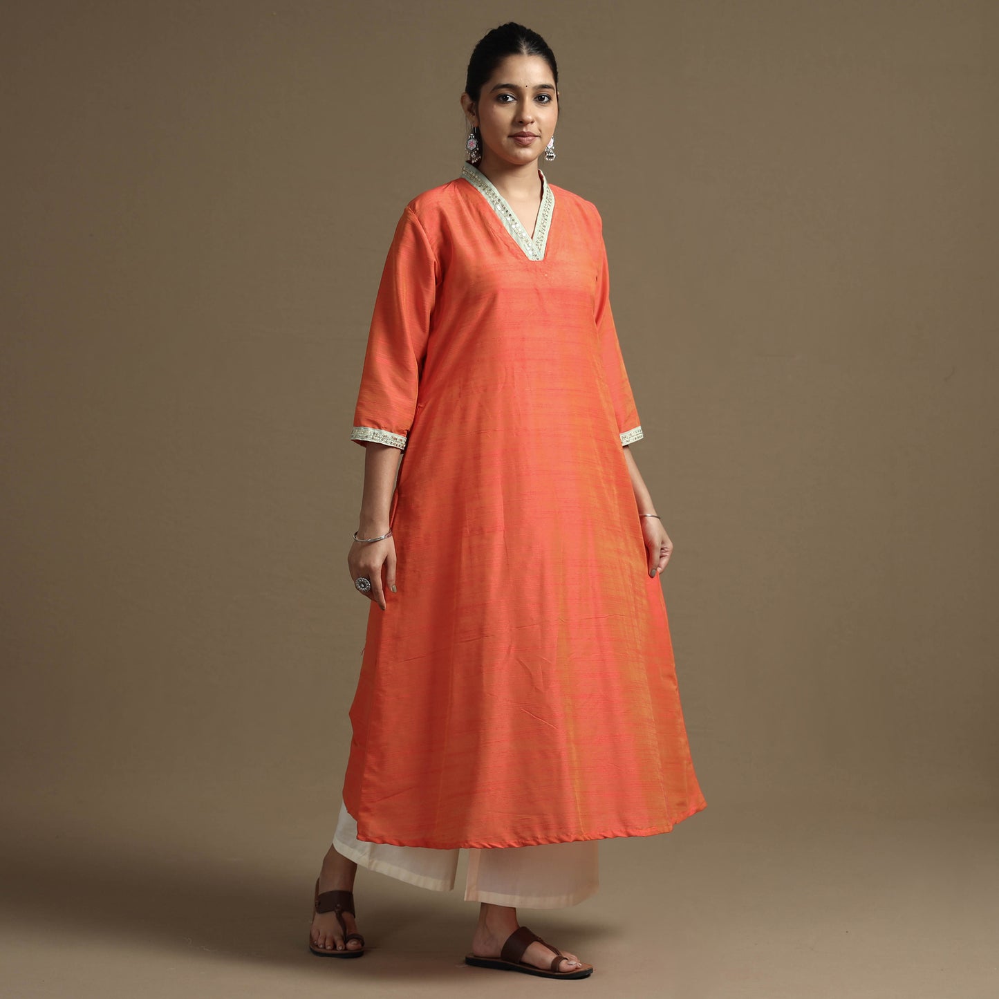 Orange - Plain Solid Slub Silk  A-Line Kurta with Beadwork Hand Embroidery Lace