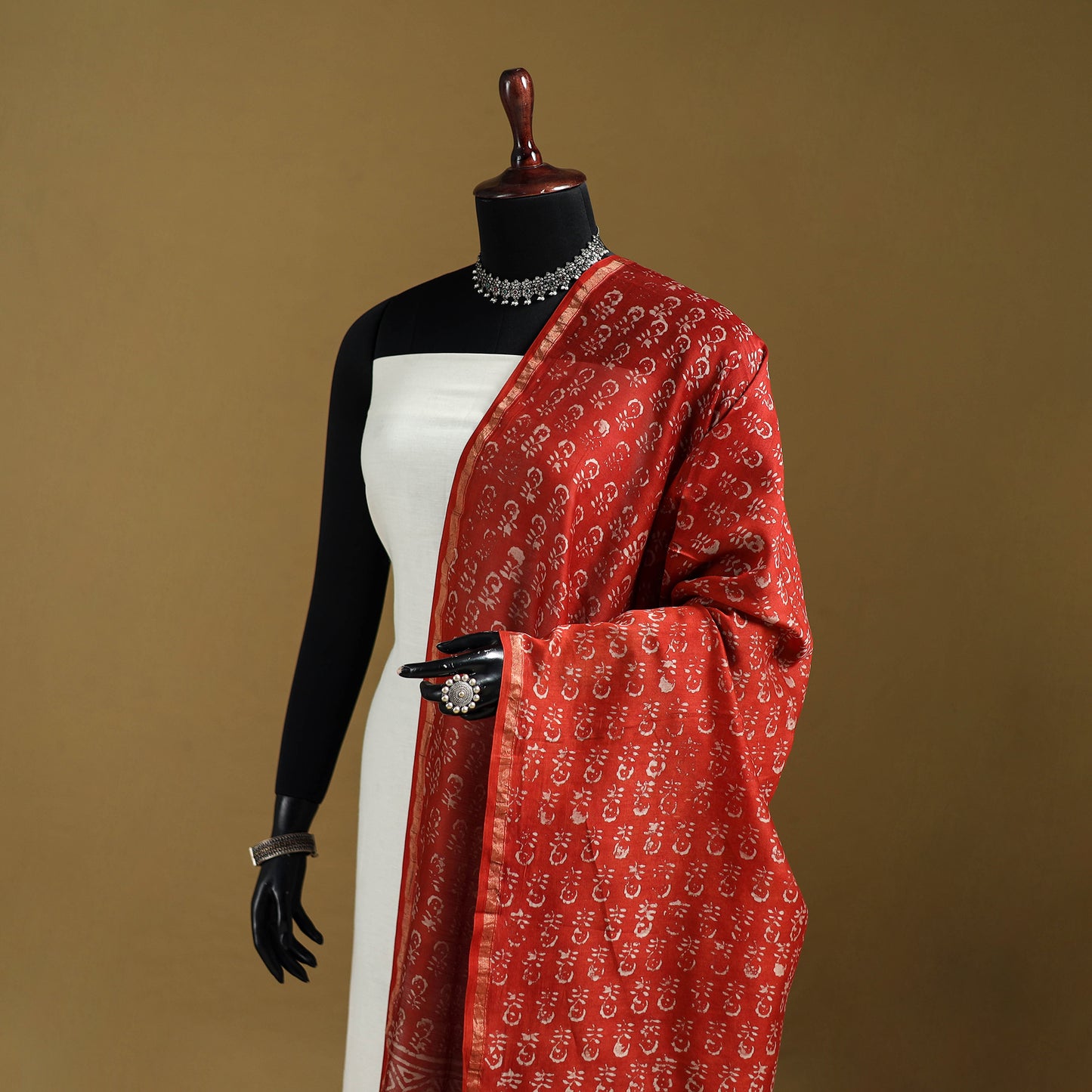 Red - Pipad Hand Block Print Natural Dyed Chanderi Silk Handloom Dupatta 36
