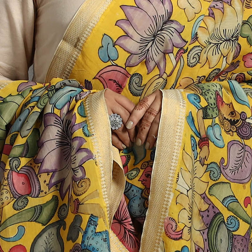 Yellow - Chanderi Silk Srikalahasti Handpainted Pen Kalamkari Dupatta 39