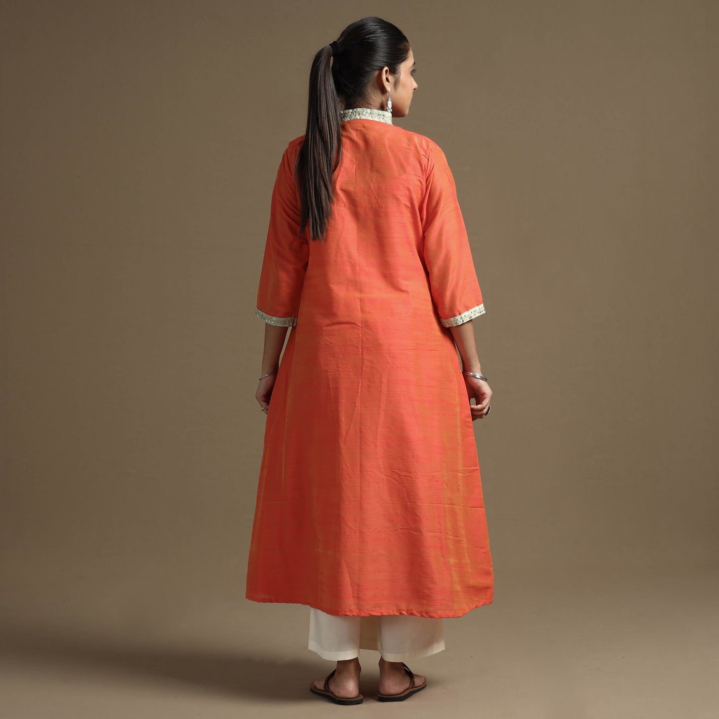 Orange - Plain Solid Slub Silk  A-Line Kurta with Beadwork Hand Embroidery Lace