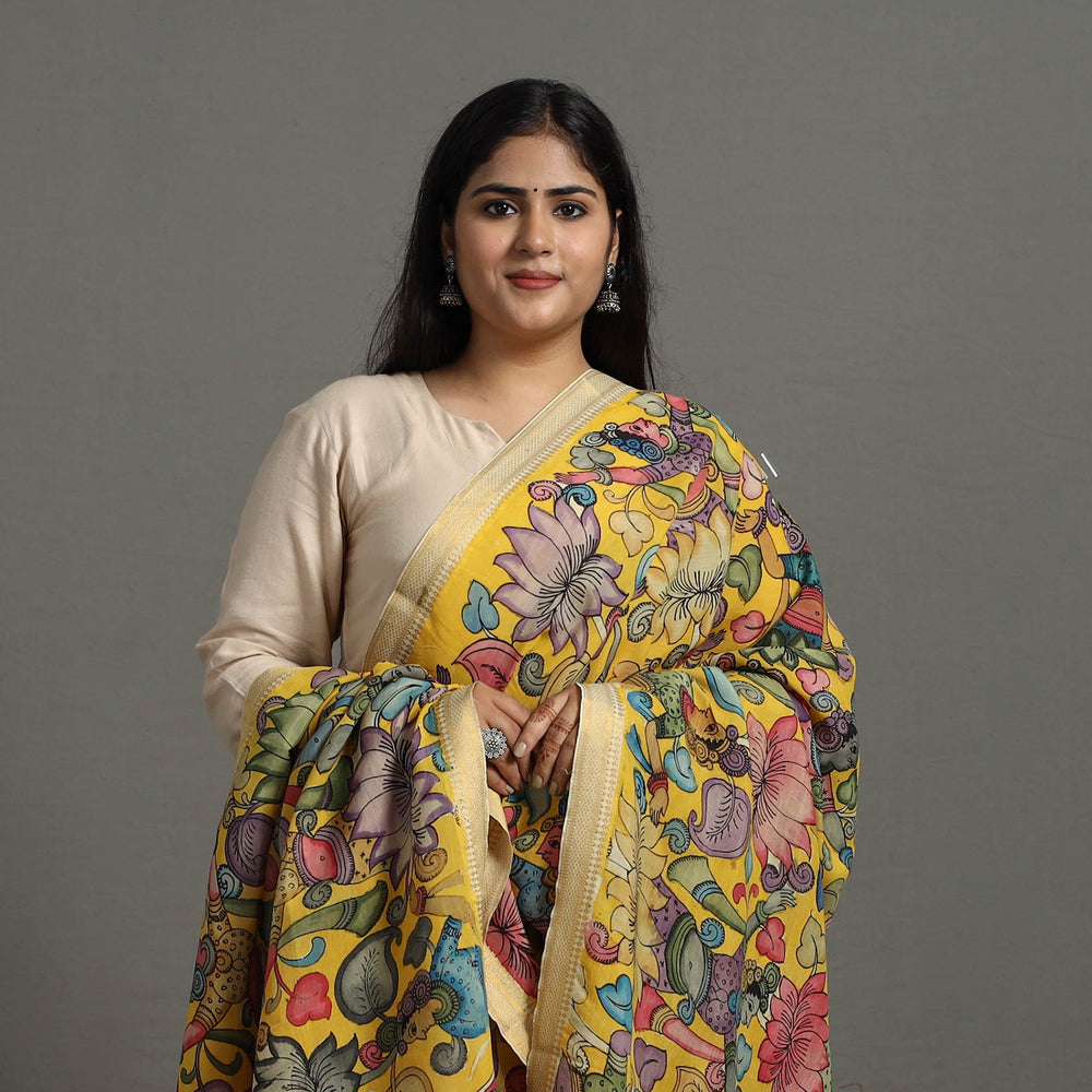 Yellow - Chanderi Silk Srikalahasti Handpainted Pen Kalamkari Dupatta 39