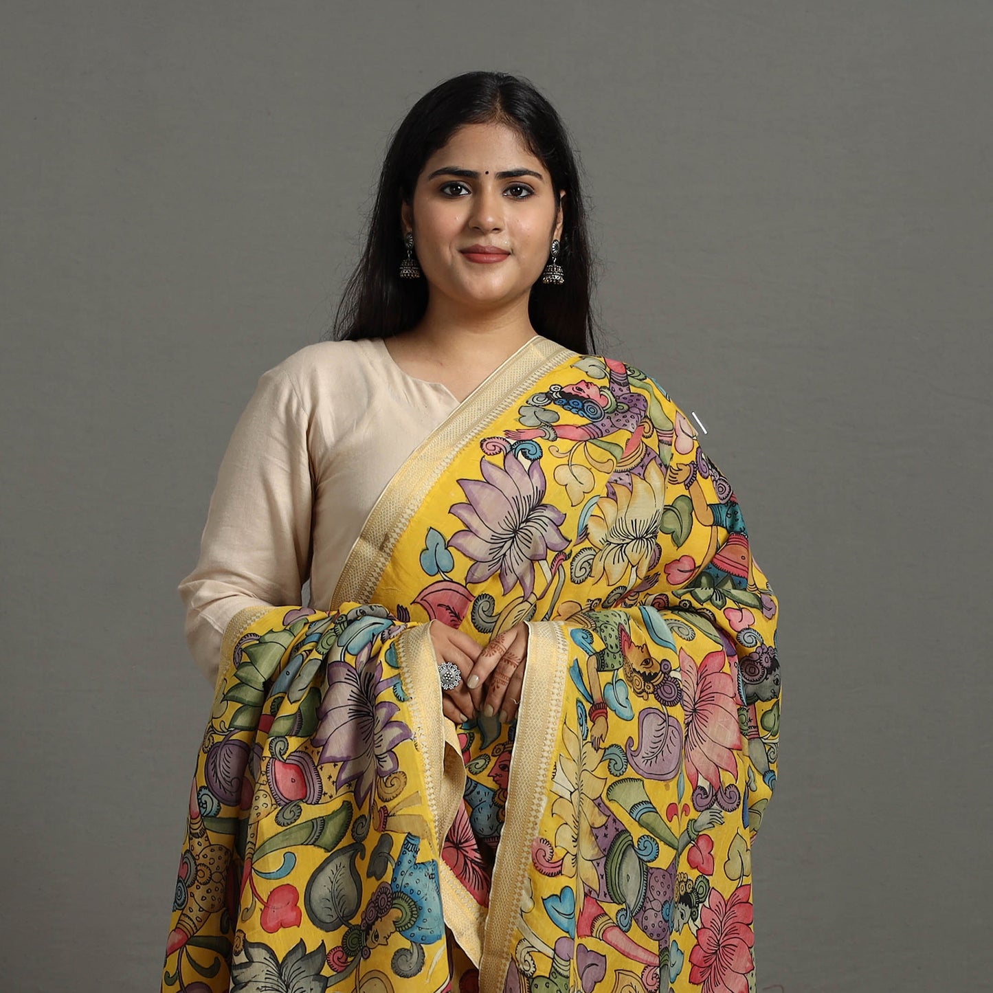 Yellow - Chanderi Silk Srikalahasti Handpainted Pen Kalamkari Dupatta 39