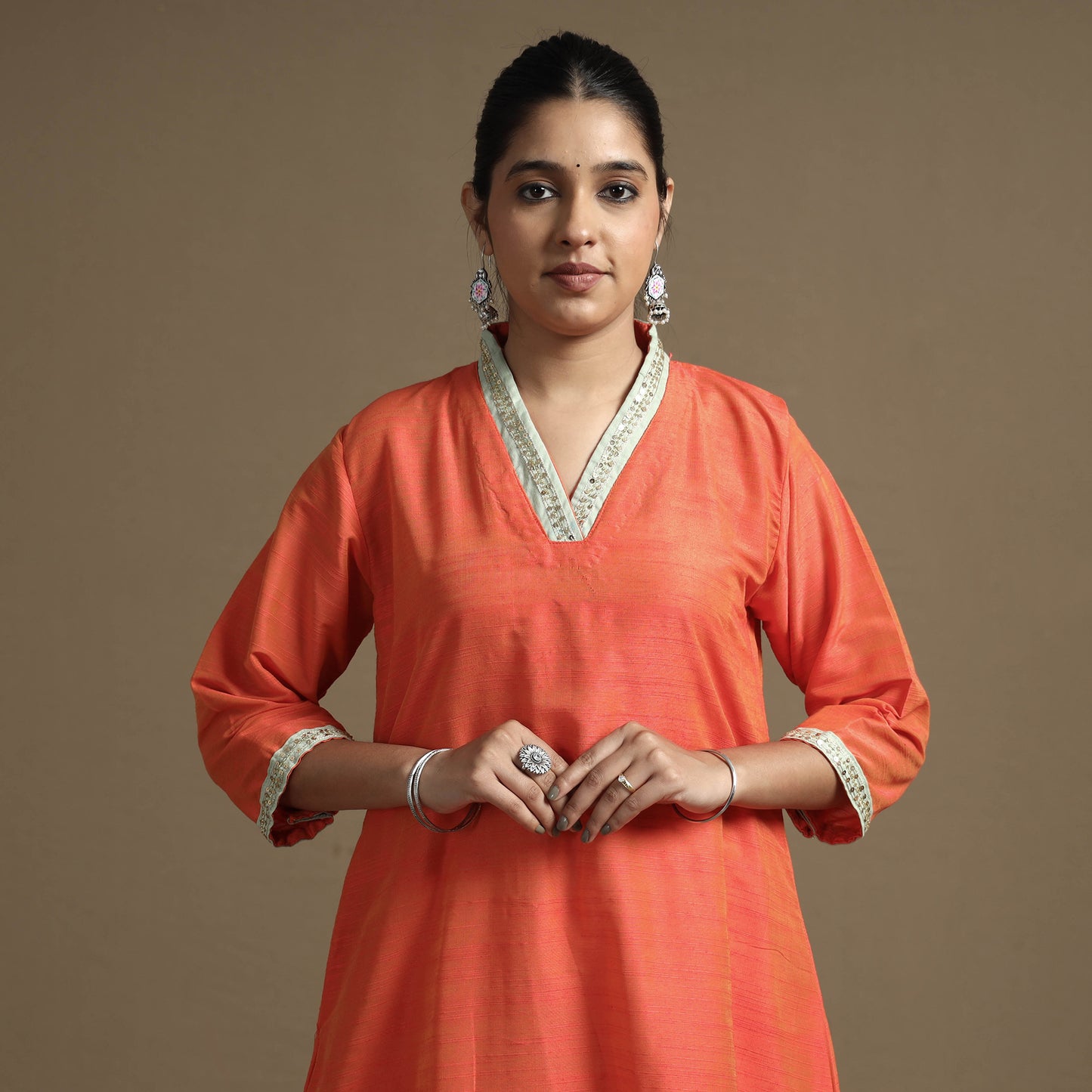 Orange - Plain Solid Slub Silk  A-Line Kurta with Beadwork Hand Embroidery Lace