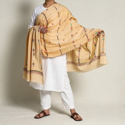 Yellow - Bengal Kantha Hand Embroidery Silk Cotton Dupatta 06