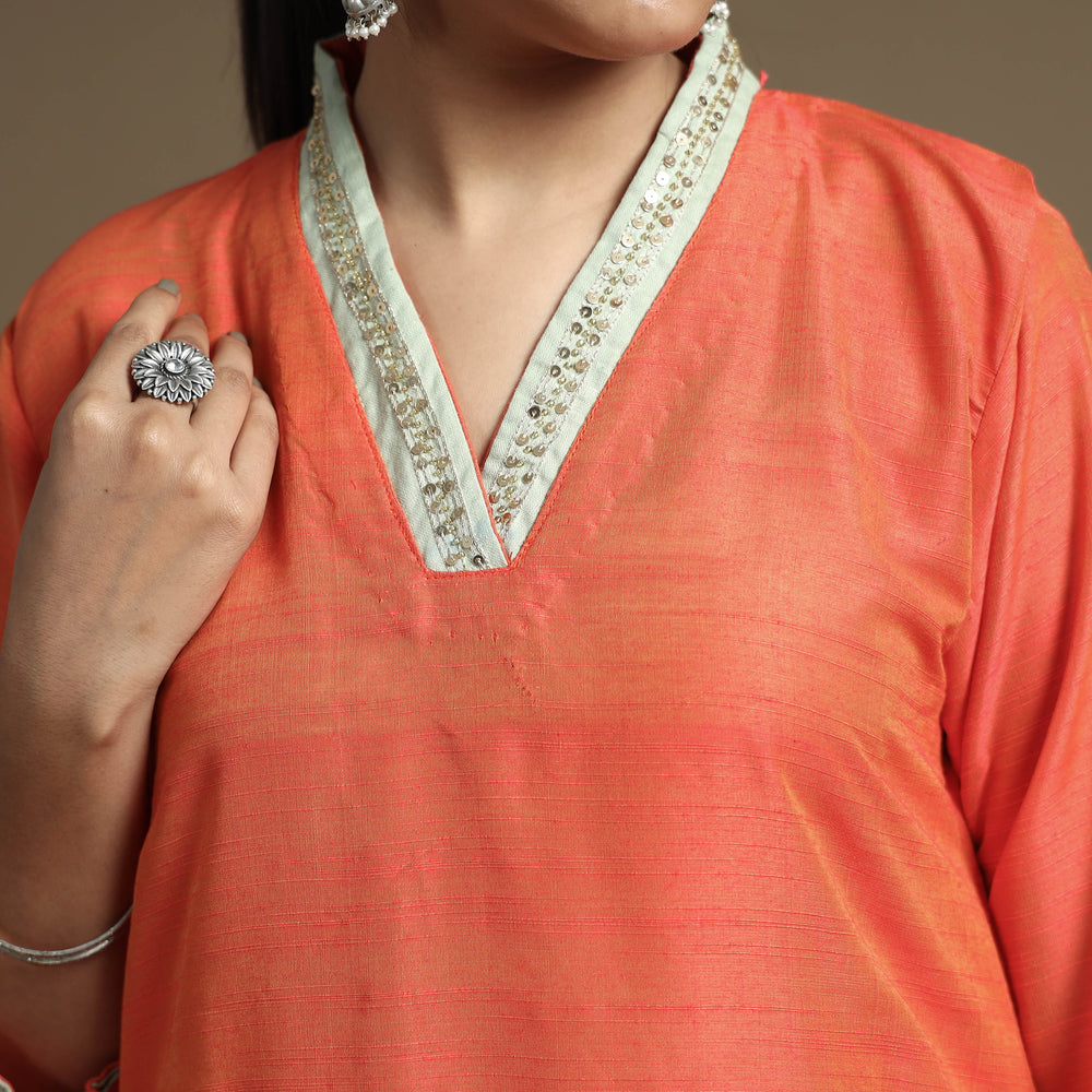 Orange - Plain Solid Slub Silk  A-Line Kurta with Beadwork Hand Embroidery Lace