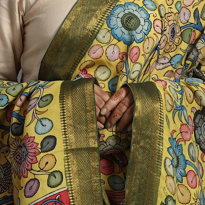 Yellow - Chanderi Silk Srikalahasti Handpainted Pen Kalamkari Dupatta 40