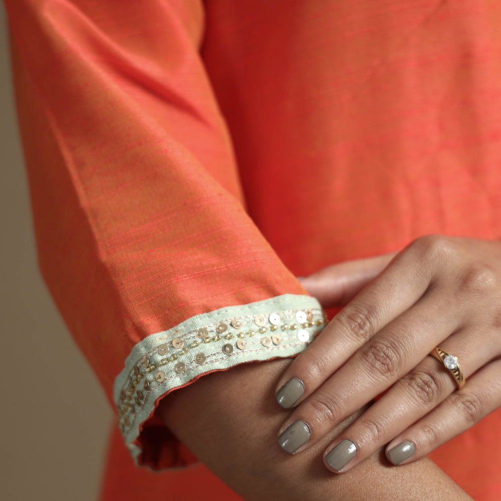 Orange - Plain Solid Slub Silk  A-Line Kurta with Beadwork Hand Embroidery Lace