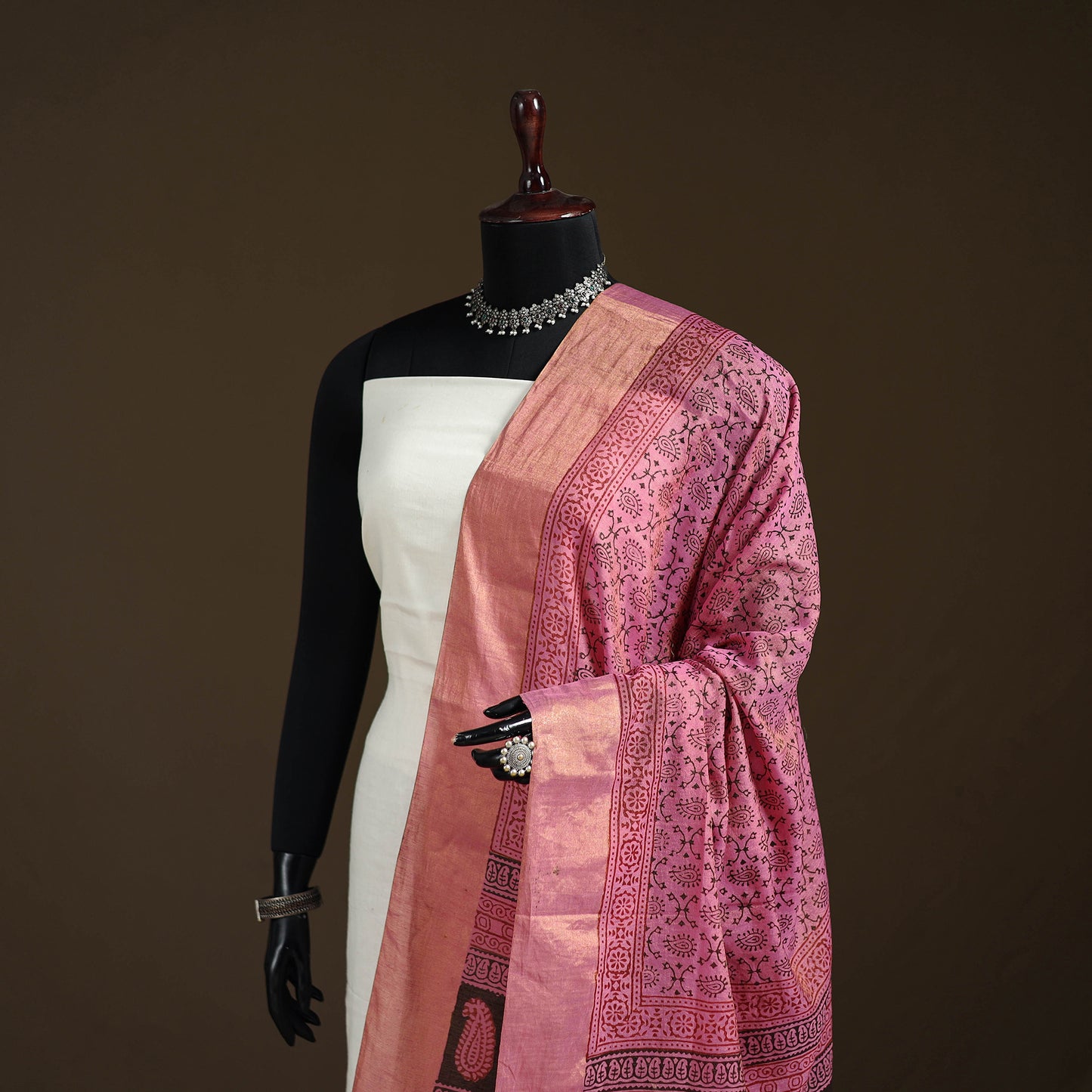 Bagh Hand Block Print Natural Dyed Tissue Zari Chanderi Silk Dupatta 42