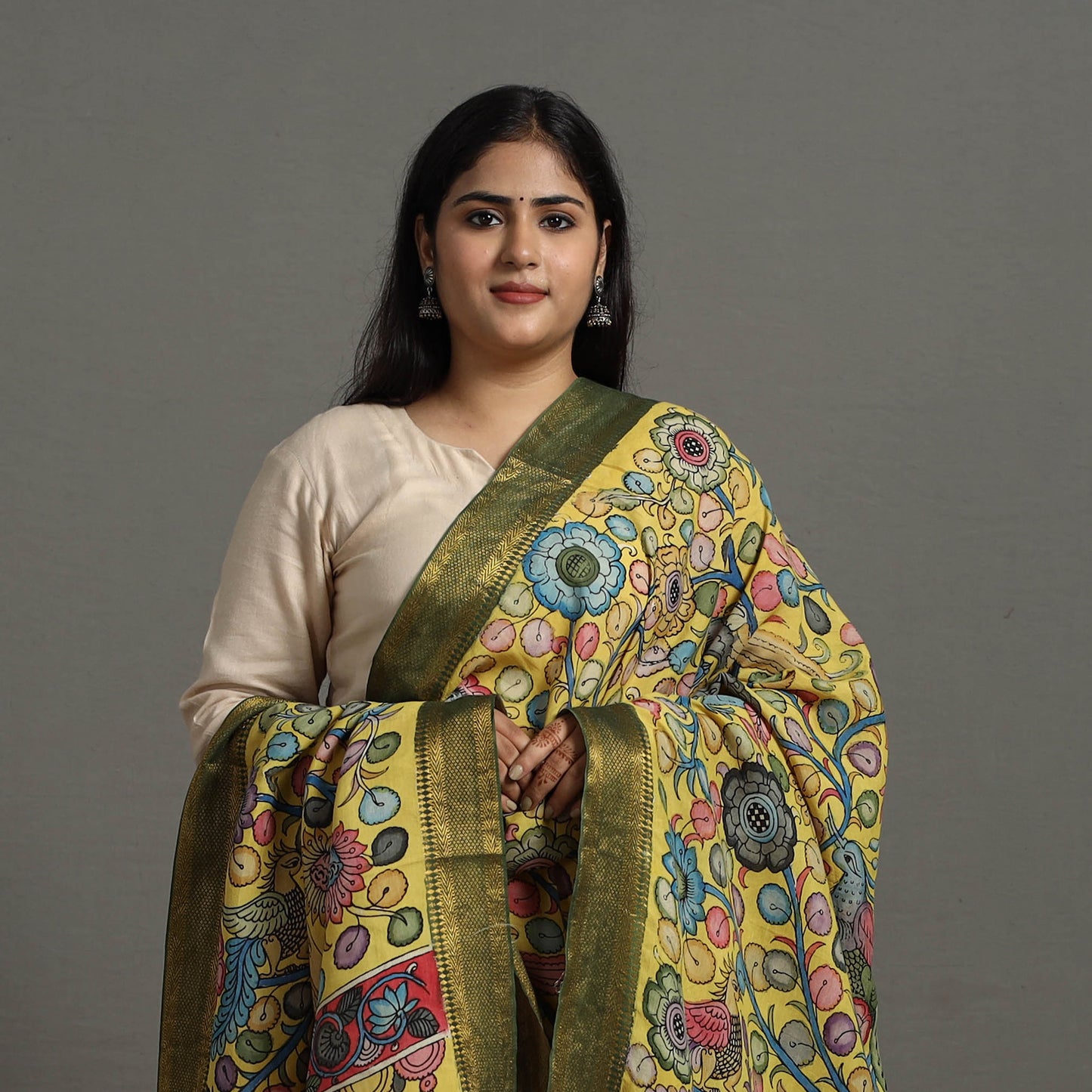 Yellow - Chanderi Silk Srikalahasti Handpainted Pen Kalamkari Dupatta 40