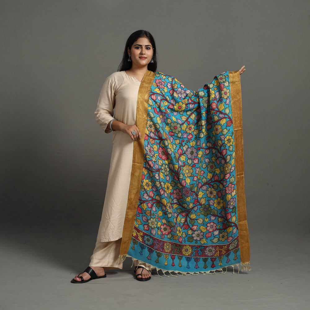 Blue - Chanderi Silk Srikalahasti Handpainted Pen Kalamkari Dupatta 41