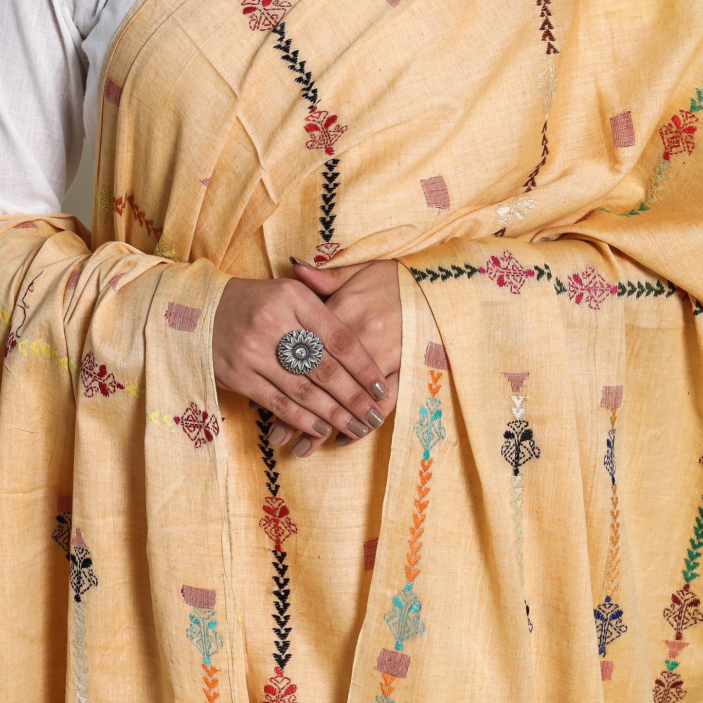 Yellow - Bengal Kantha Hand Embroidery Silk Cotton Dupatta 06