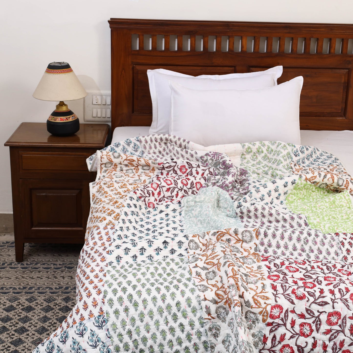 Single - Tagai & Patchwork Sanganeri Block Print Cotton Quilt 47