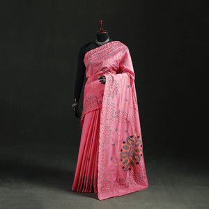 Pink - Hand Embroidered Silk Saree 08