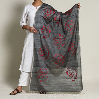 Black - Bengal Kantha Hand Embroidery Silk Cotton Dupatta 01