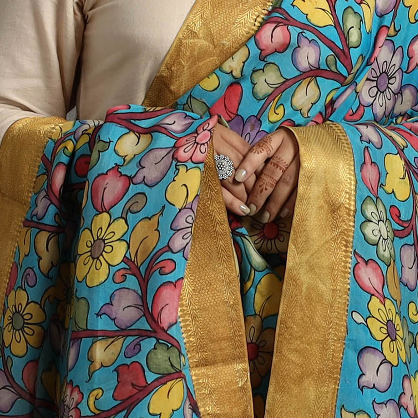 Blue - Chanderi Silk Srikalahasti Handpainted Pen Kalamkari Dupatta 41