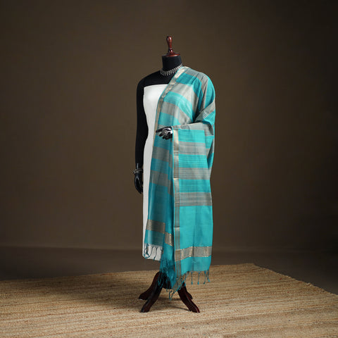 Blue - Pure Handloom Cotton Nizam Zari Border Mangalagiri Dupatta 42