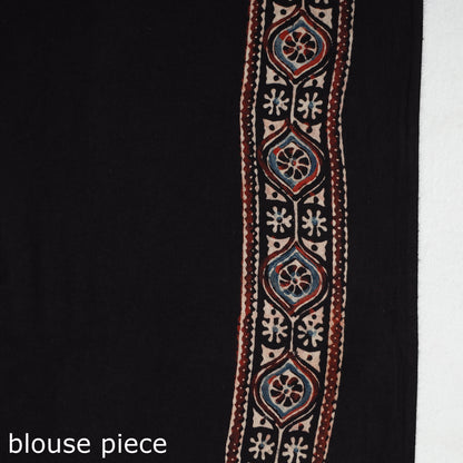 Black - Ajrakh Block Printed Cotton Natural Dyed Saree with Tassels