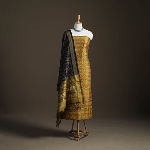 Yellow - Pochampally Ikat Handloom Sico Unstitched Dress Material: Kurta with Dupatta 11