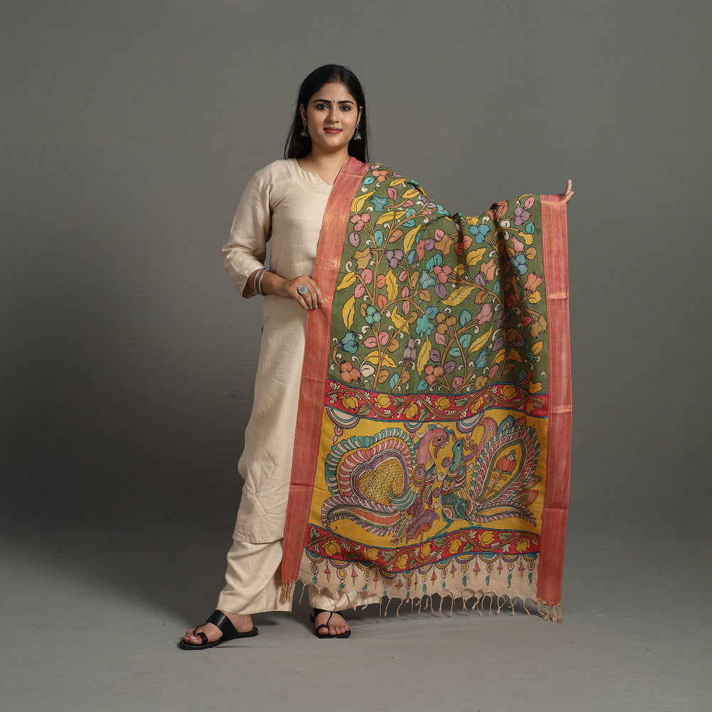 Green - Chanderi Silk Srikalahasti Handpainted Pen Kalamkari Dupatta 42