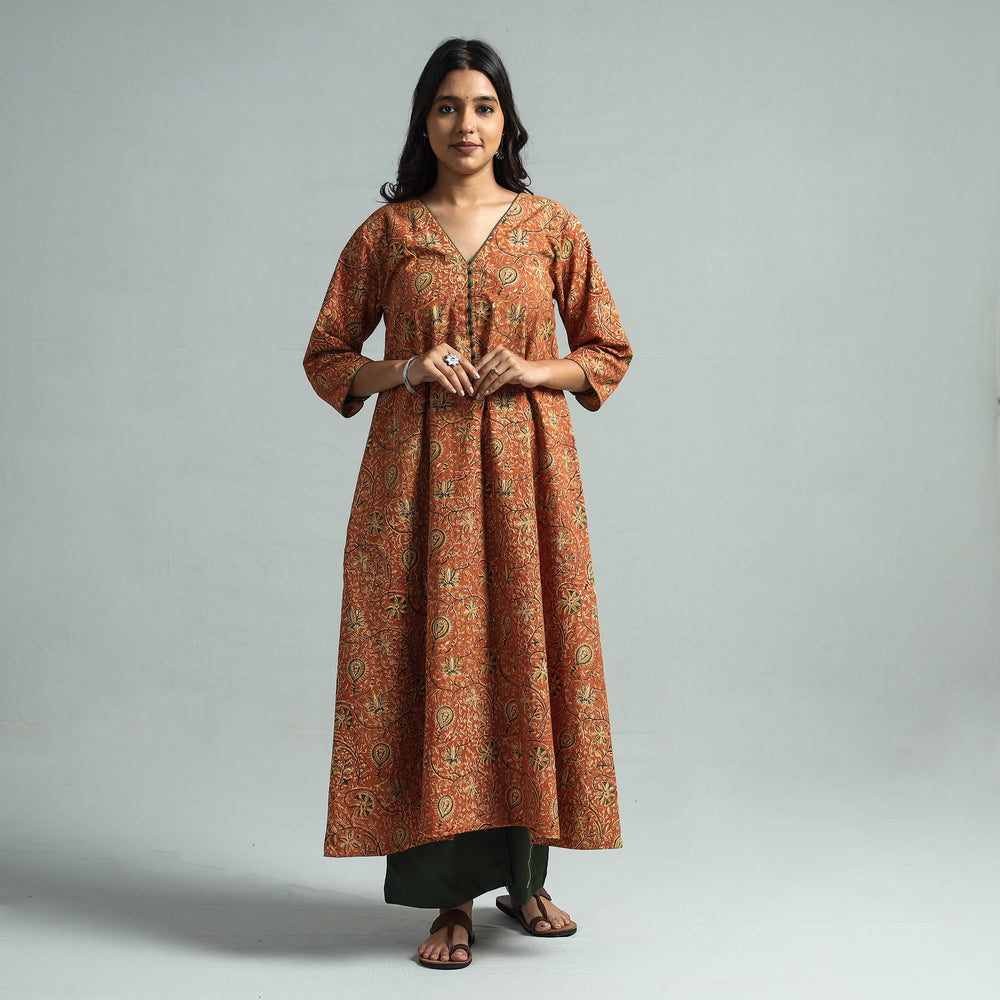 Orange - Pedana Kalamkari Block Printed Cotton Kurta with Palazzo Set