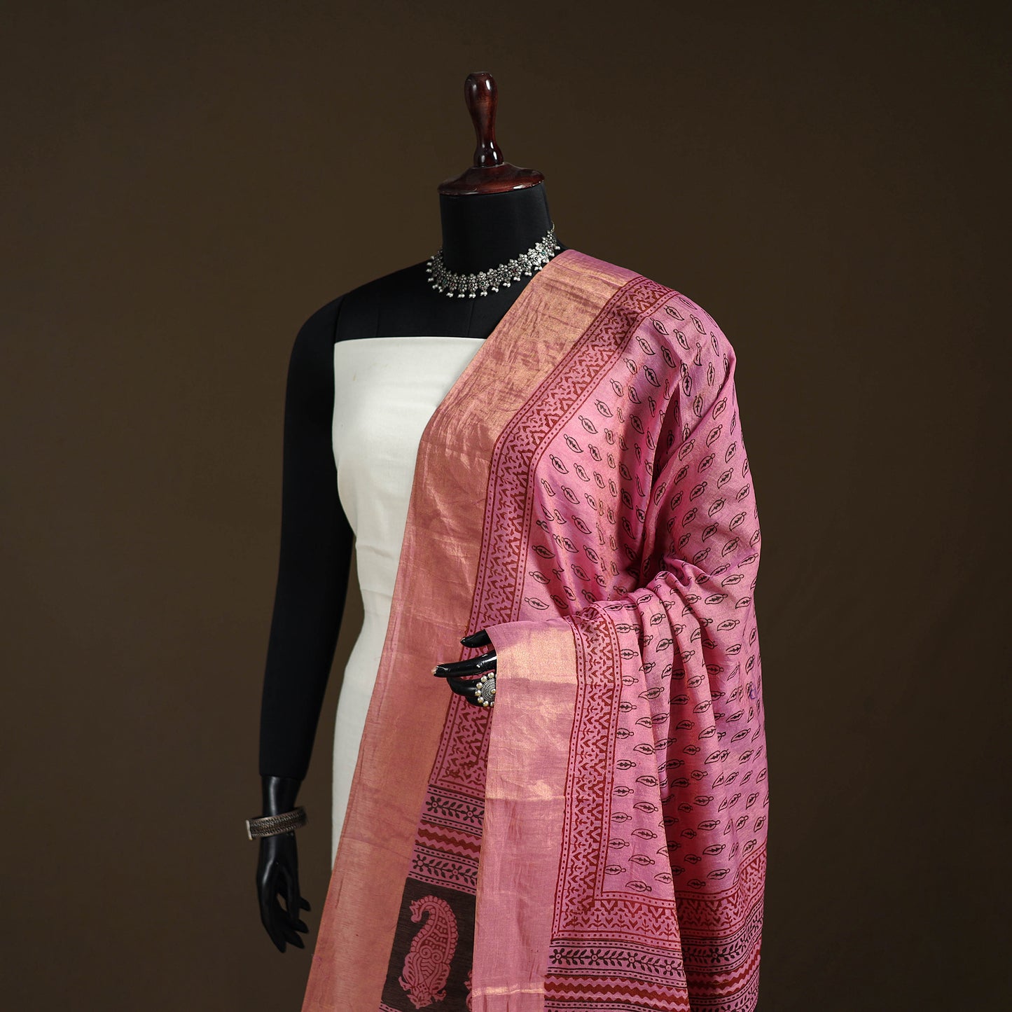 Bagh Hand Block Print Natural Dyed Tissue Zari Chanderi Silk Dupatta 43